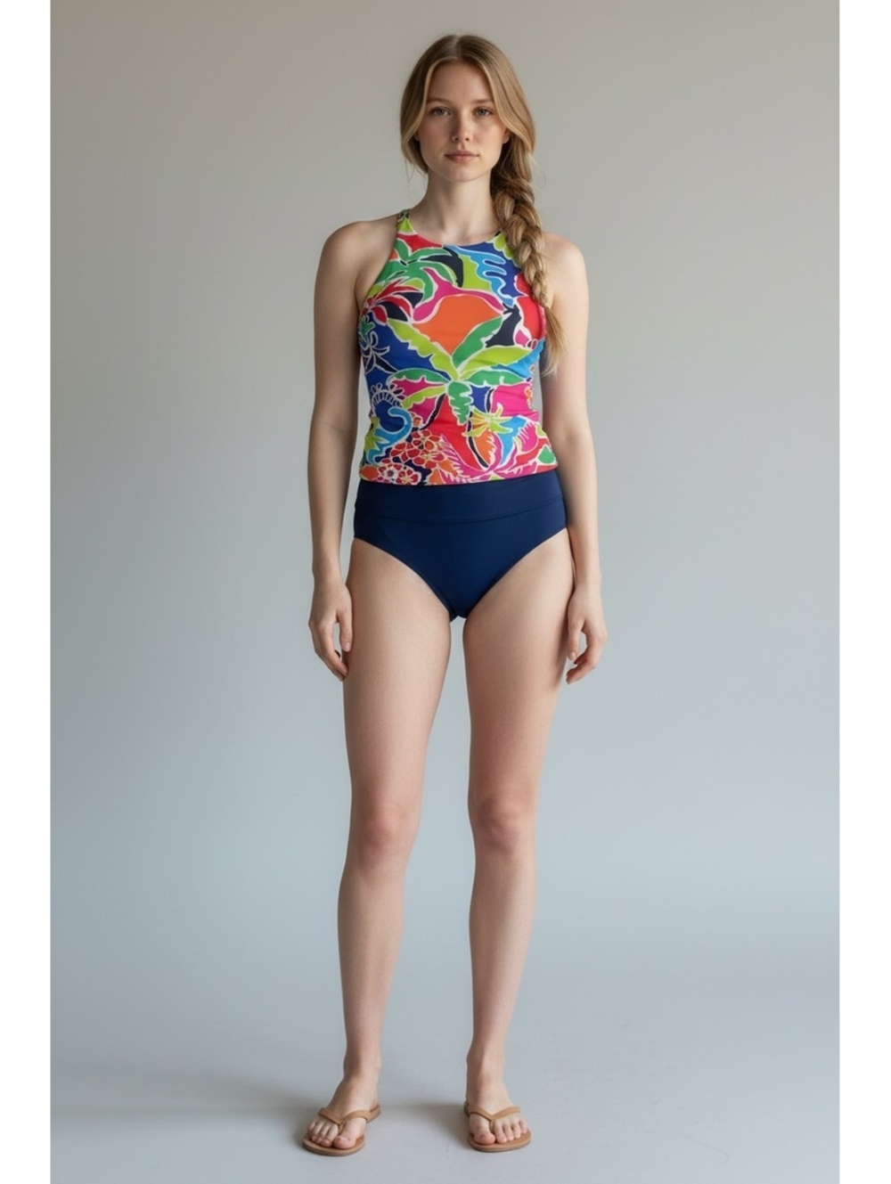 Nautica High Neck Tankini Swimsuit Set - Tropical Floral & Navy , Large - FLAW